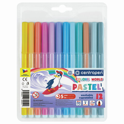 Фломастеры ПАСТЕЛЬНЫЕ 12 ЦВЕТОВ CENTROPEN Colour World Pastel, смываемые, 7550/12TP, 7 7550 1287