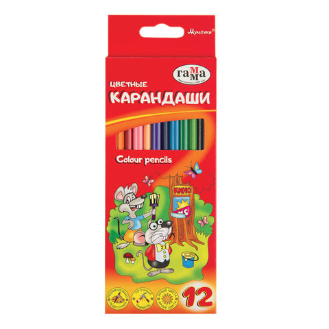 Карандаши цветные ГАММА Мультики, 12 цветов, трехгранные, натуральное дерево, 290122_12