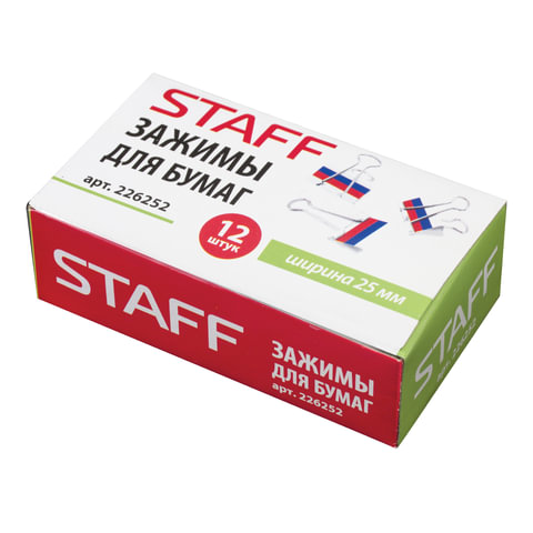 Зажимы для бумаг STAFF, КОМПЛЕКТ 12 шт., 25 мм, на 100 листов, Триколор, картонная коробка, 226252