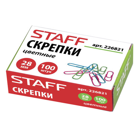 Скрепки STAFF Manager, 28 мм, цветные, 100 шт., в картонной коробке, 226821