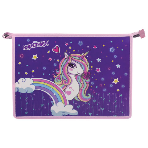 Папка для тетрадей ЮНЛАНДИЯ А4, 1 отделение, пластик, молния сверху, Rainbow unicorn, 228146