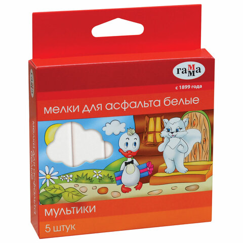 Мел белый ГАММА Мультики, НАБОР 5 шт., для рисования на асфальте, квадратный, 2304192