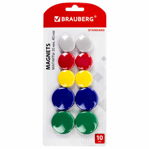 Магниты BRAUBERG STANDARD, НАБОР 30 мм - 6 шт., 40 мм - 4 шт., ассорти, 237471
