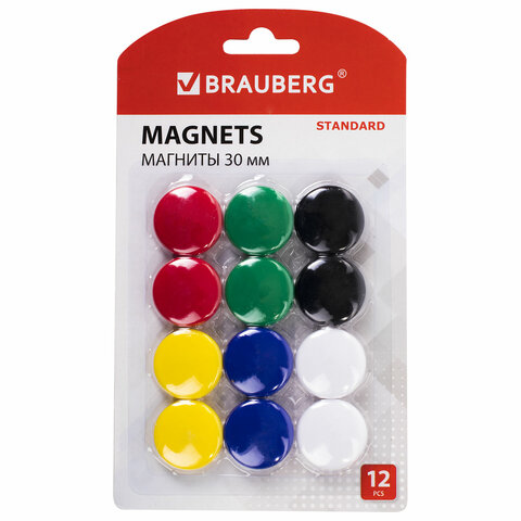Магниты BRAUBERG STANDARD 30 мм, НАБОР 12 шт., ассорти, 237472