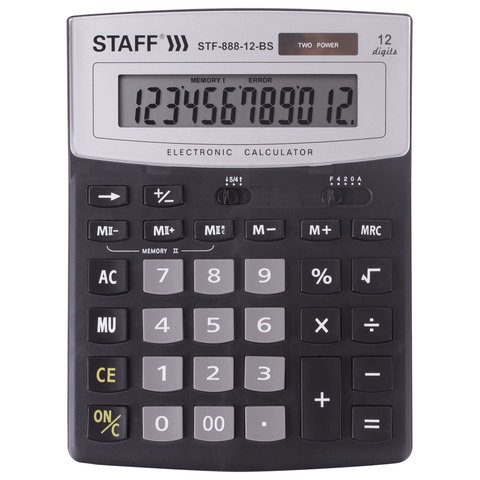 Калькулятор настольный STAFF STF-888-12-BS 200х150 мм 12 разрядов, ЧЕРНЫЙ, СЕРЕБРИСТЫЙ ВЕРХ, 250451