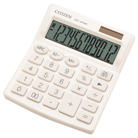 Калькулятор настольный CITIZEN SDC-812NRWHE, КОМПАКТНЫЙ 124х102 мм, 12 разрядов, двойное питание, БЕЛЫЙ