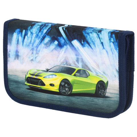 Пенал ПИФАГОР, 1 отделение, ткань, 19x13 см, Green Car, 270360
