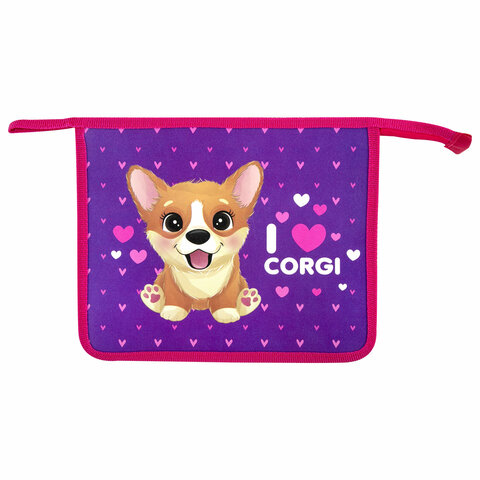 Папка для тетрадей ПИФАГОР А5, 1 отделение, пластик, на молнии, I love corgi, 271085