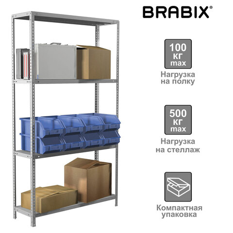 Стеллаж металлический BRABIX MS KD-180/40-4, 1800х1000х400 мм, 4 полки, сборная стойка, 291115, S240BR144402