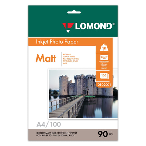 Фотобумага матовая, A4, 90 г/м2, односторонняя, 100 листов, LOMOND, 0102001