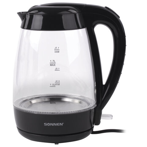 Чайник SONNEN KT-200BK, 1,7 л, 2200 Вт, закрытый нагревательный элемент, стекло, подсветка, черный, 451709 Чайник SONNEN KT-200BK, 1,7 л, 2200 Вт, закрытый нагревательный элемент, стекло, подсветка, черный, 451709