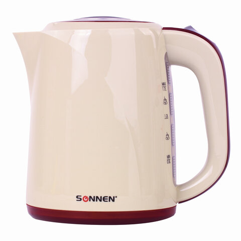 Чайник SONNEN KT-002, 1,7 л, 2200 Вт, закрытый нагревательный элемент, пластик, бежевый/красный, 451711 Чайник SONNEN KT-002, 1,7 л, 2200 Вт, закрытый нагревательный элемент, пластик, бежевый/красный, 451711