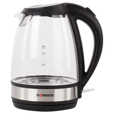 Чайник SONNEN KT-201, 1,7 л, 2200 Вт, закрытый нагревательный элемент, стекло, подсветка, черный, 451712 Чайник SONNEN KT-201, 1,7 л, 2200 Вт, закрытый нагревательный элемент, стекло, подсветка, черный, 451712