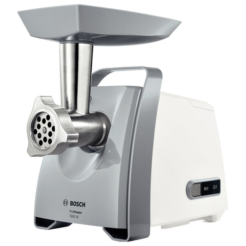 Мясорубка BOSCH MFW45020, мощность 1600 Вт, производительность 2,7 кг/мин, металлический шнек, реверс, пластик, белая/серая Мясорубка BOSCH MFW45020, мощность 1600 Вт, производительность 2,7 кг/мин, металлический шнек, реверс, пластик, белая/серая