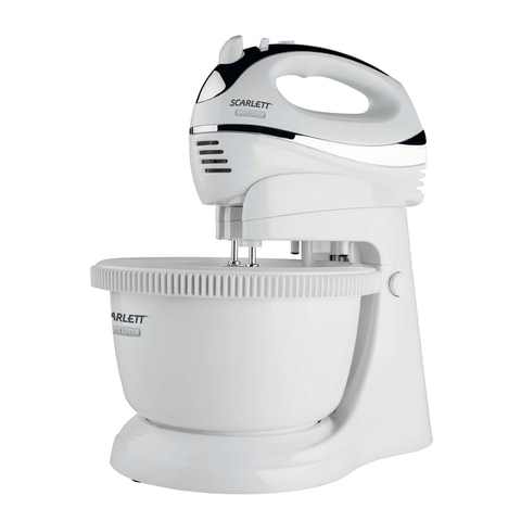 Миксер SCARLETT SC-HM40B01 на подставке, 450 Вт, 5 скоростей, 2 венчика, 2 крюка для теста, чаша, белый Миксер SCARLETT SC-HM40B01 на подставке, 450 Вт, 5 скоростей, 2 венчика, 2 крюка для теста, чаша, белый