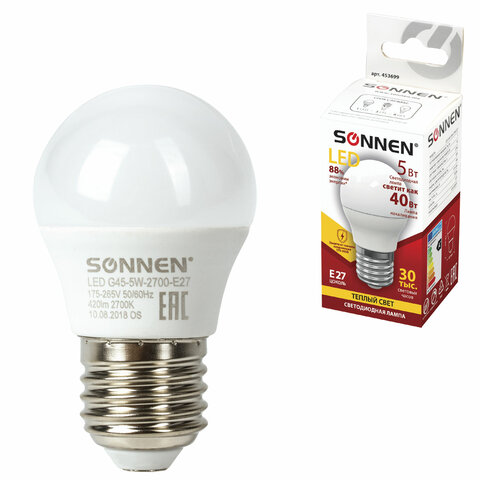 Лампа светодиодная SONNEN, 5 (40) Вт, цоколь E27, шар, теплый белый свет, 30000 ч, LED G45-5W-2700-E27, 453699 Лампа светодиодная SONNEN, 5 (40) Вт, цоколь E27, шар, теплый белый свет, 30000 ч, LED G45-5W-2700-E27, 453699