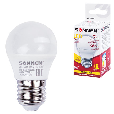 Лампа светодиодная SONNEN, 7 (60) Вт, цоколь E27, шар, теплый белый свет, 30000 ч, LED G45-7W-2700-E27, 453703 Лампа светодиодная SONNEN, 7 (60) Вт, цоколь E27, шар, теплый белый свет, 30000 ч, LED G45-7W-2700-E27, 453703