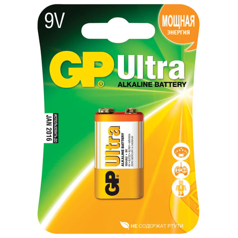 Батарейка GP Ultra, Крона (6LR61, 6LF22, 1604A), алкалиновая, 1 шт., в блистере, 1604AU-5CR1 Батарейка GP Ultra, Крона (6LR61, 6LF22, 1604A), алкалиновая, 1 шт., в блистере, 1604AU-5CR1