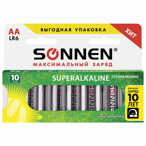 Батарейки КОМПЛЕКТ 10 шт., SONNEN Super Alkaline, АА (LR6,15А), алкалиновые, пальчиковые, в коробке, 454231 Батарейки КОМПЛЕКТ 10 шт., SONNEN Super Alkaline, АА (LR6,15А), алкалиновые, пальчиковые, в коробке, 454231