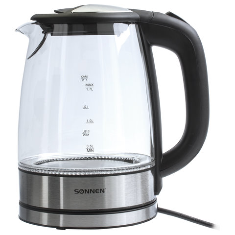 Чайник SONNEN KT-1788, 1,7 л, 2200 Вт, закрытый нагревательный элемент, стекло, черный, подсветка, 454349 Чайник SONNEN KT-1788, 1,7 л, 2200 Вт, закрытый нагревательный элемент, стекло, черный, подсветка, 454349