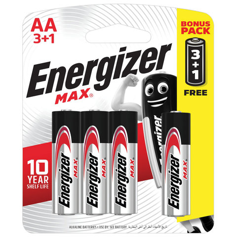 Батарейки КОМПЛЕКТ 4 шт., ENERGIZER Max, ПРОМО 3+1, AA LR06, 15А, алкалиновые, пальчиковые, блистер, E300247800S