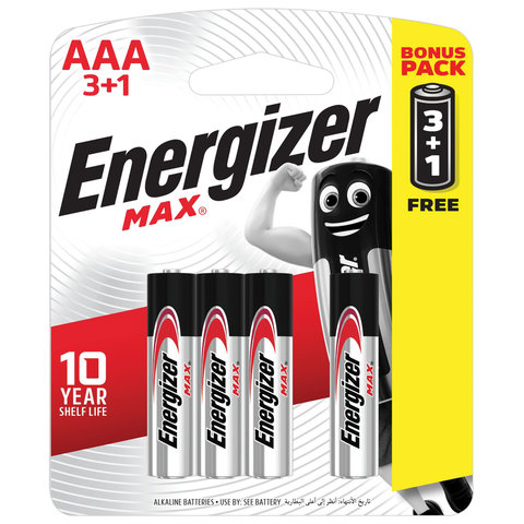 Батарейки КОМПЛЕКТ 4 шт., ENERGIZER Max, ПРОМО 3+1, AAA (LR03, 24А), алкалиновые, мизинчиковые, блистер, E300248501S Батарейки КОМПЛЕКТ 4 шт., ENERGIZER Max, ПРОМО 3+1, AAA (LR03, 24А), алкалиновые, мизинчиковые, блистер, E300248501S
