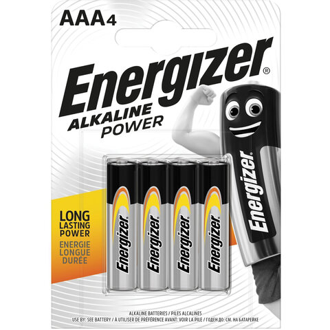 Батарейки КОМПЛЕКТ 4 шт., ENERGIZER Alkaline Power, AAA (LR03, 24А), алкалиновые, мизинчиковые, блистер, E300132611