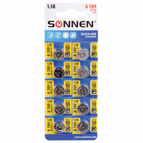 Батарейка алкалиновая таблетка 1 шт., SONNEN Alkaline, 189A (G10, LR54), блистер, отрывной блок, 455602 Батарейка алкалиновая таблетка 1 шт., SONNEN Alkaline, 189A (G10, LR54), блистер, отрывной блок, 455602