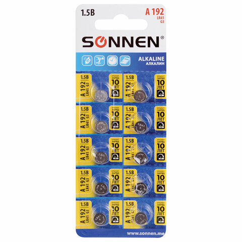 Батарейка алкалиновая таблетка 1 шт., SONNEN Alkaline, 192A (G3, LR41), блистер, отрывной блок, 455603 Батарейка алкалиновая таблетка 1 шт., SONNEN Alkaline, 192A (G3, LR41), блистер, отрывной блок, 455603