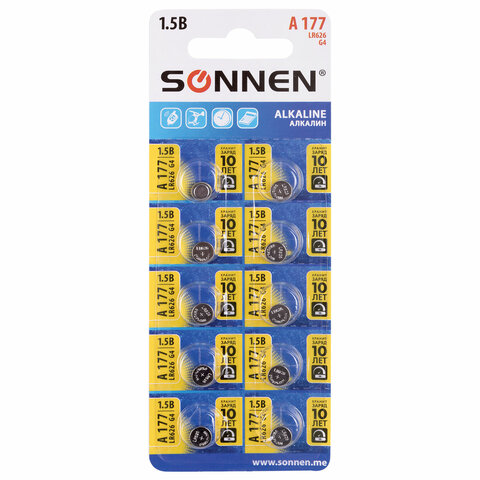 Батарейка алкалиновая таблетка 1 шт., SONNEN Alkaline, 177A (G4, LR66), блистер, отрывной блок, 455604 Батарейка алкалиновая таблетка 1 шт., SONNEN Alkaline, 177A (G4, LR66), блистер, отрывной блок, 455604