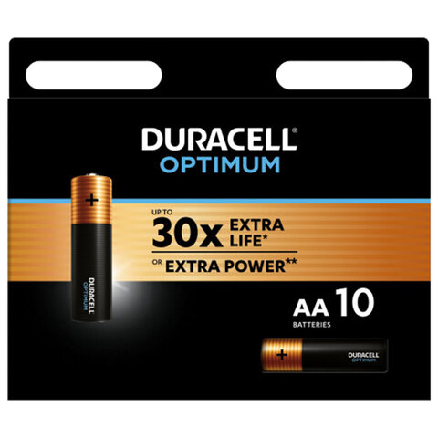 Батарейки КОМПЛЕКТ 10 шт., DURACELL Optimum, AA LR6,15А, х30 мощность, алкалиновые, пальчиковые, 5014728