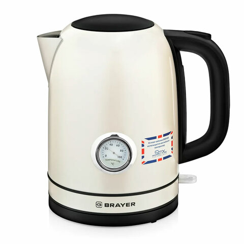 Чайник с термометром BRAYER BR1005YE, 1,7л, 2200Вт, закрытый нагревательный элемент, сталь, бежевый Чайник с термометром BRAYER BR1005YE, 1,7л, 2200Вт, закрытый нагревательный элемент, сталь, бежевый