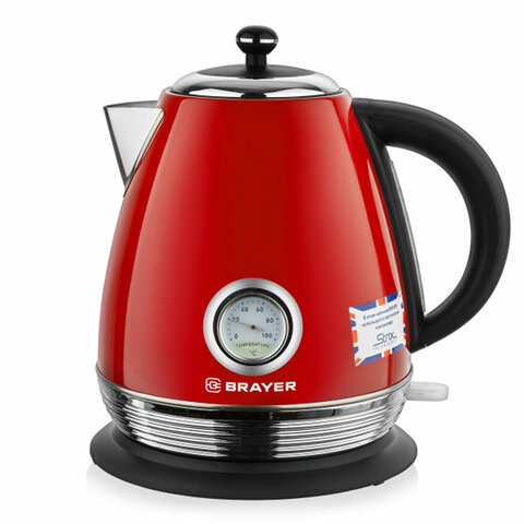 Чайник с термометром BRAYER BR1007RD, 1,7 л, 2200 Вт, закрытый нагревательный элемент, сталь, красный Чайник с термометром BRAYER BR1007RD, 1,7 л, 2200 Вт, закрытый нагревательный элемент, сталь, красный