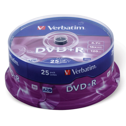 Диски DVD+R (плюс) VERBATIM 4,7 Gb 16x, КОМПЛЕКТ 25 шт., Cake Box, 43500