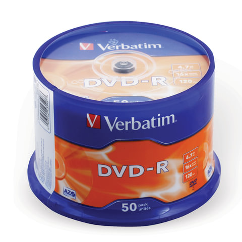 Диски DVD-R VERBATIM 4,7 Gb 16x Cake Box (упаковка на шпиле), КОМПЛЕКТ 50 шт., 43548