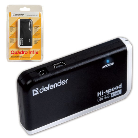 Хаб USB 2.0, 4 порта, порт для питания, черный, DEFENDER QUADRO INFIX, 83504