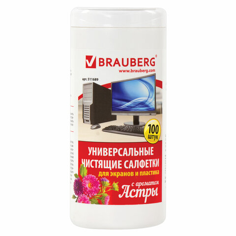 Салфетки для экранов всех типов и пластика BRAUBERG с ароматом АСТРА, в тубе 100 шт., влажные, 511689 Салфетки для экранов всех типов и пластика BRAUBERG с ароматом АСТРА, в тубе 100 шт., влажные, 511689