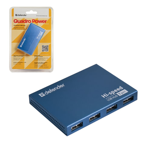 Хаб USB 2.0, 7 портов, порт для питания, синий, DEFENDER SEPTIMA SLIM, 83505