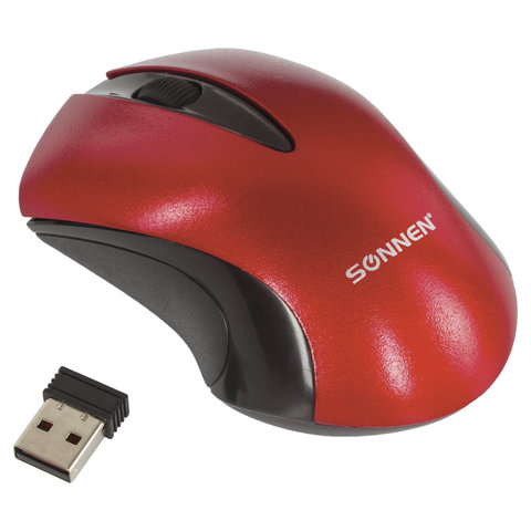 Мышь беспроводная SONNEN M-661R, USB, 1000 dpi, 2 кнопки + 1 колесо-кнопка, оптическая, красная, 512649