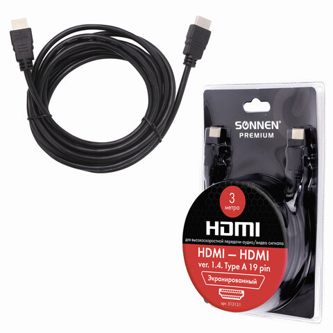 Кабель HDMI AM-AM, 3 м, SONNEN Premium, ver 2.0, FullHD, 4К, UltraHD, для ноутбука, компьютера, монитора, телевизора, проектора, 513131