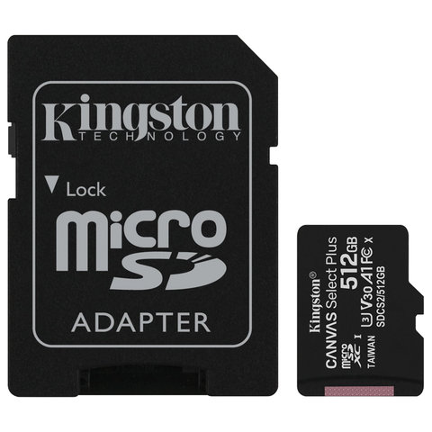 Карта памяти microSDXC 512 GB KINGSTON Canvas Select Plus UHS-I U3,100 Мб/с (class 10), адаптер, SDCS2/512GB Карта памяти microSDXC 512 GB KINGSTON Canvas Select Plus UHS-I U3,100 Мб/с (class 10), адаптер, SDCS2/512GB