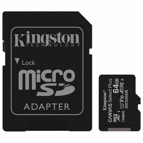 Карта памяти microSDXC 64 GB KINGSTON Canvas Select Plus, UHS-I U1, 100 Мб/с (class 10), адаптер, SDCS2/64GB Карта памяти microSDXC 64 GB KINGSTON Canvas Select Plus, UHS-I U1, 100 Мб/с (class 10), адаптер, SDCS2/64GB