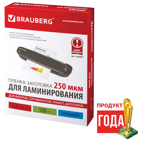 Пленки-заготовки для ламинирования А4, КОМПЛЕКТ 100 шт., 250 мкм, BRAUBERG, 530897