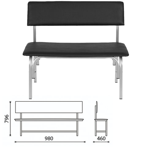 Банкетка со спинкой Астрид, 980х460х796 мм, серый каркас, кожзам черный Банкетка со спинкой Астрид, 980х460х796 мм, серый каркас, кожзам черный