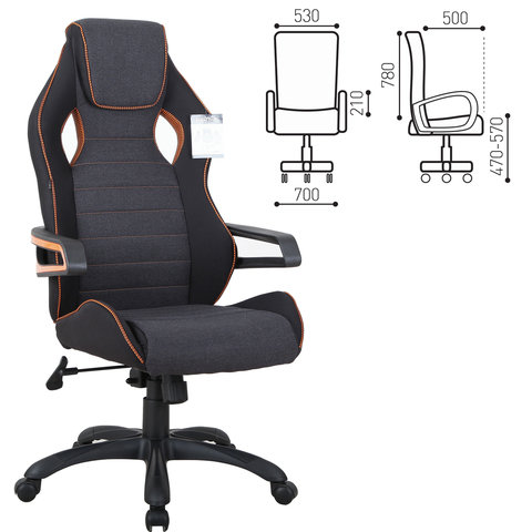 Кресло компьютерное BRABIX Techno Pro GM-003, ткань, черное/серое, вставки оранжевые, 531813