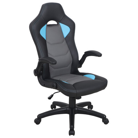 Кресло компьютерное BRABIX Skill GM-005, откидные подлокотники, экокожа, черное/голубое, 532497