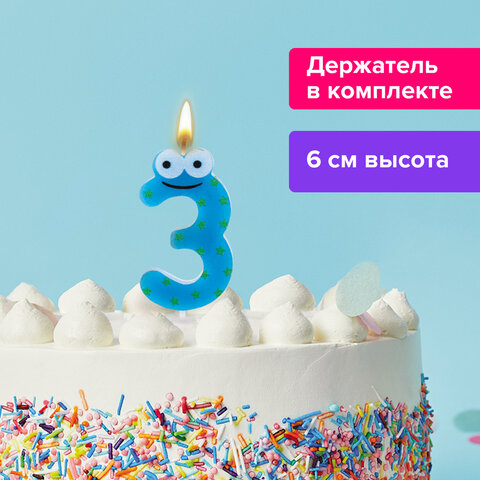 Свеча-цифра для торта 3 С глазками, 6 см, ЗОЛОТАЯ СКАЗКА, с держателем, в блистере, 591406 Свеча-цифра для торта 3 С глазками, 6 см, ЗОЛОТАЯ СКАЗКА, с держателем, в блистере, 591406