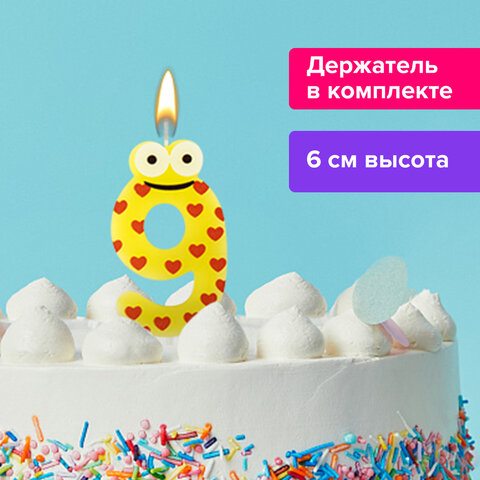 Свеча-цифра для торта 9 С глазками, 6 см, ЗОЛОТАЯ СКАЗКА, с держателем, в блистере, 591412 Свеча-цифра для торта 9 С глазками, 6 см, ЗОЛОТАЯ СКАЗКА, с держателем, в блистере, 591412