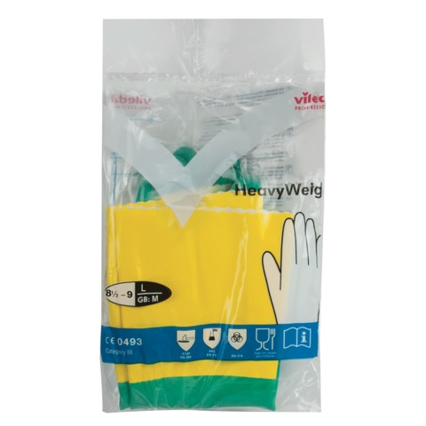 Перчатки МНОГОРАЗОВЫЕ латексные VILEDA, х/б напыление, СВЕРХПРОЧНЫЕ (неопрен), размер L (большой), зелено-желтый, вес 125 г, 120269