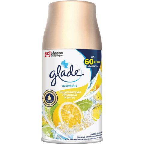 Сменный баллон 269 мл GLADE Сицилийский лимонад и мята, для автоматических освежителей, универсальный, 33705 Сменный баллон 269 мл GLADE Сицилийский лимонад и мята, для автоматических освежителей, универсальный, 33705